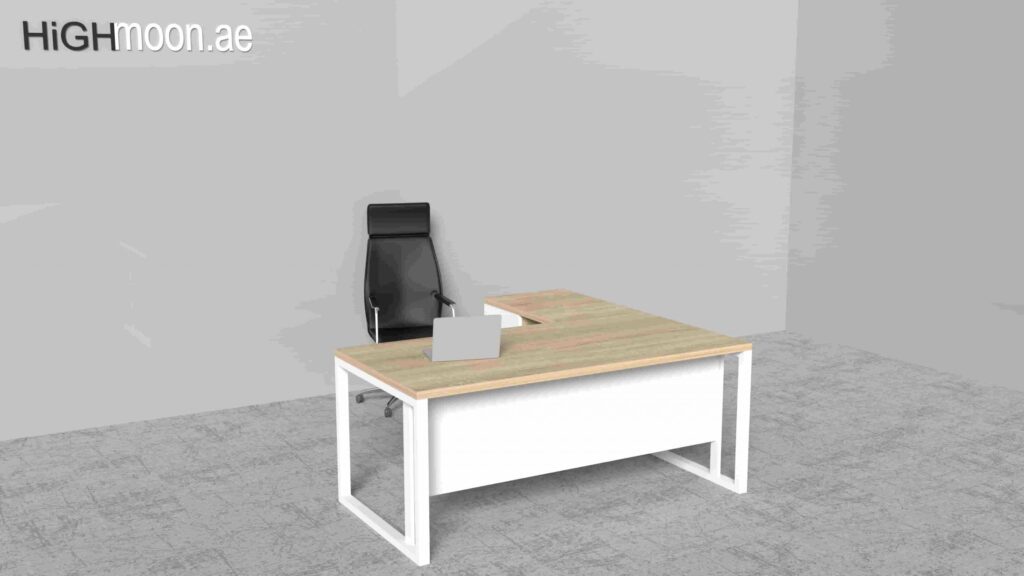 L shaped desk Grey Bardolino Oak with white frame long view