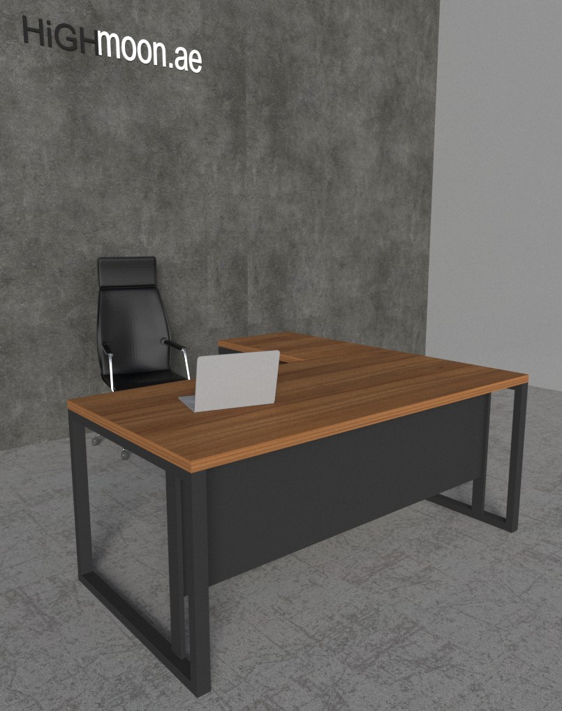 Natural Dijon Walnut executive desk with black frame long view
