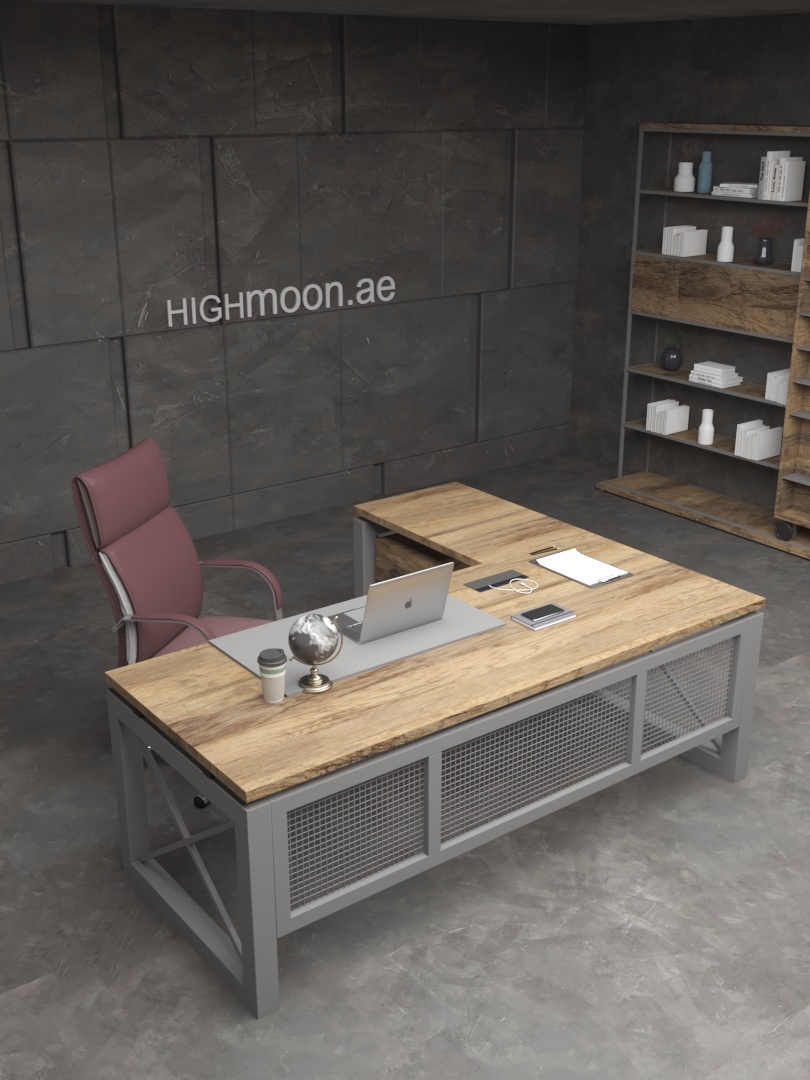 Moon L Shaped Executive Desk With Grey Panel