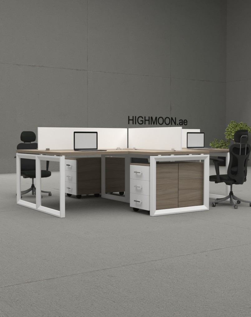 Mango L Shaped 4 Cluster Workstation With White Leg