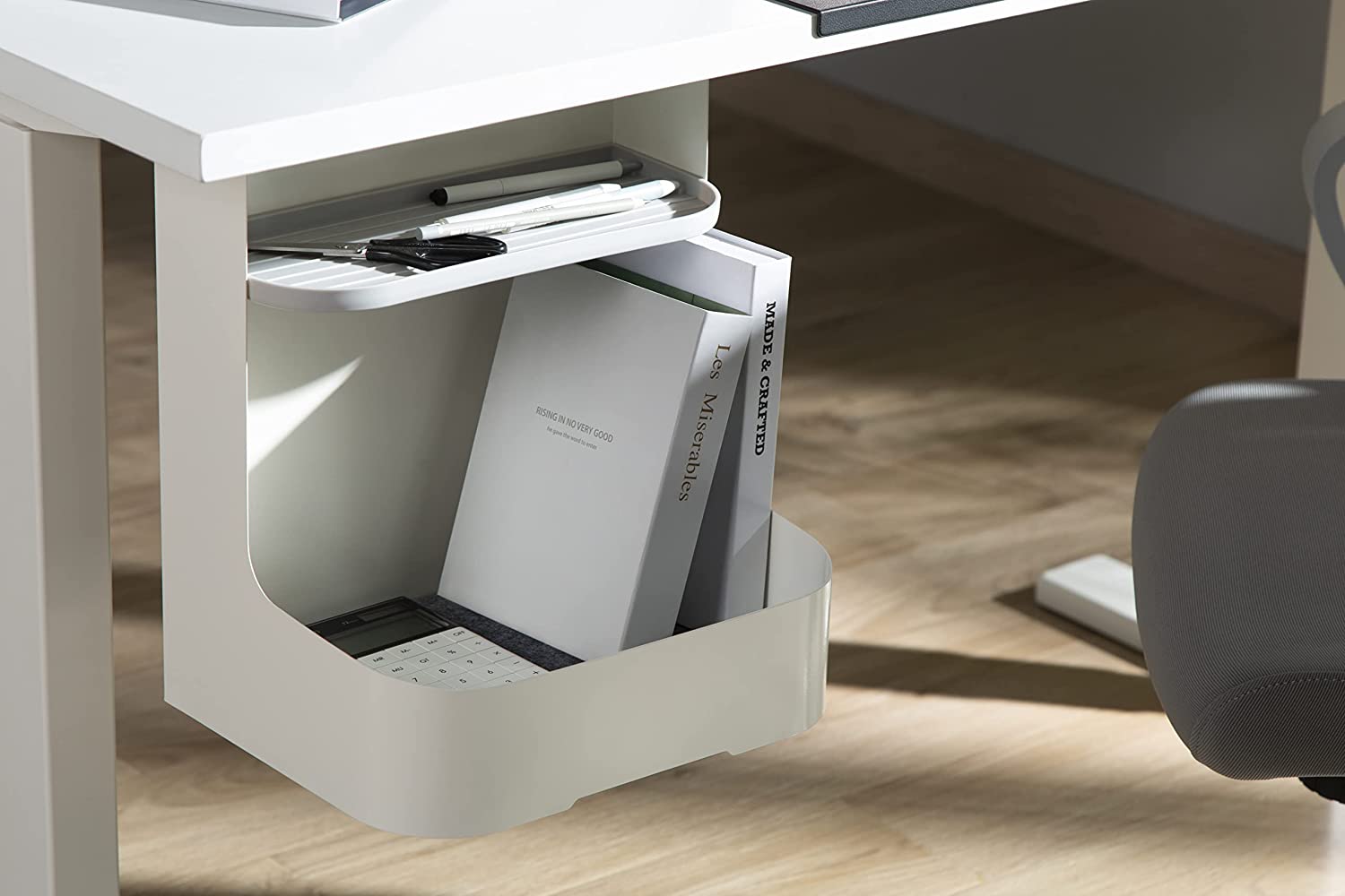 Under-Desk-Storage-Rack-with-Accessory-ShelfPremium-Workspace-Desk-Organizer-By-Navodesk-White-